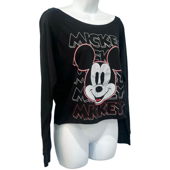 Disney Mickey Mouse Screen Print Black Cropped Scoop Neck Long Sleeve Tee size S - Picture 4 of 8